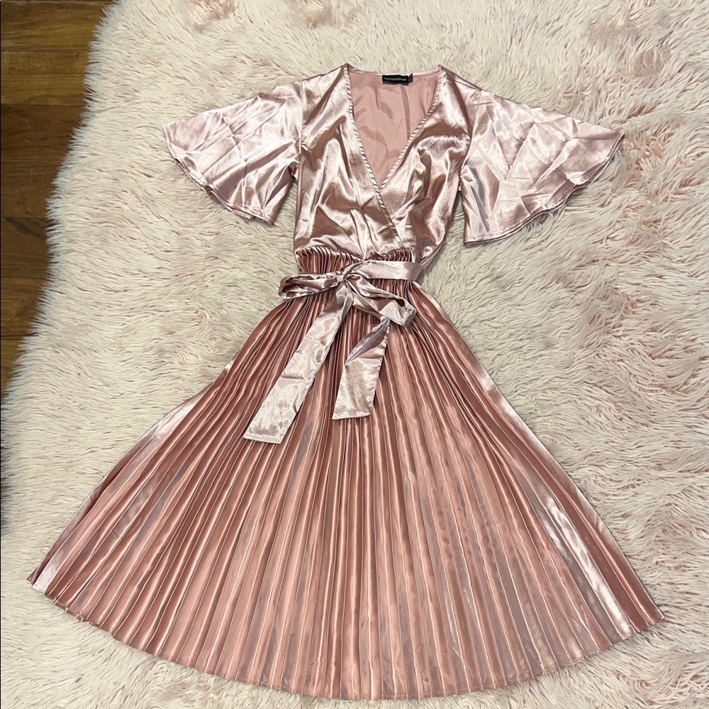 PrettyLittleThing Blush Satin Pleated Wrap Dress ✨ size S size 2